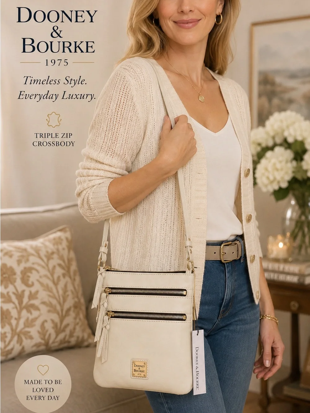 Dooney & Bourke Cream Triple-Zip Leather Crossbody